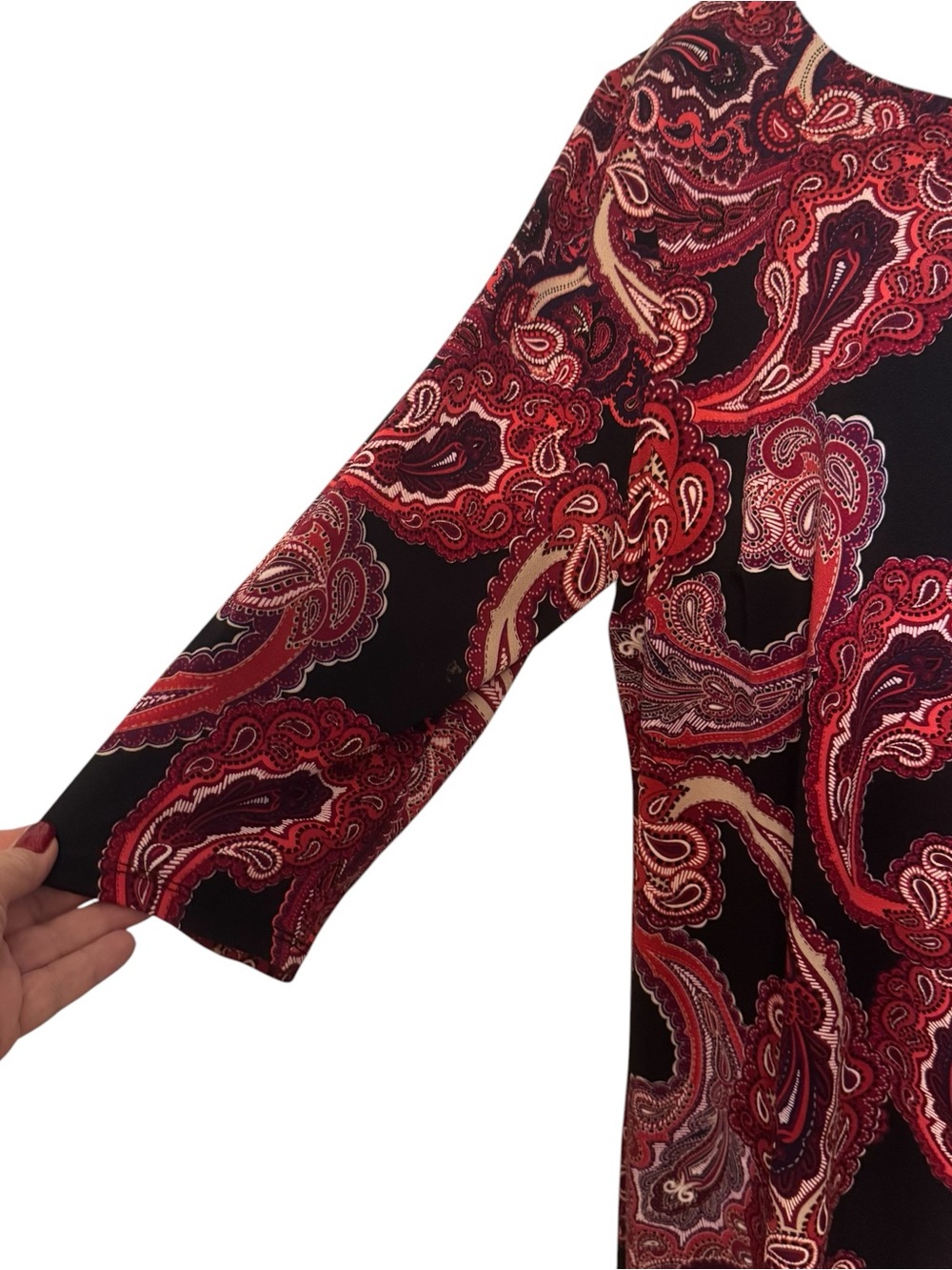 Red Paisley Neckline Ring-Accent Dress  PLUS: 2X    #CL - Picture 3 of 7